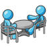 #35937 Clip Art Graphic of a Sky Blue Guy Character Chatting With a Friend at a Table by Jester Arts