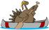 #36157 Clip Art Graphic of a Turkey Bird Using a Canoe to Escape Hungry People on Thanksgiving by DJArt