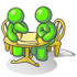 #36716 Clip Art Graphic of Lime Green Guy Characters Discussing at a Table by Jester Arts