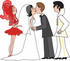 #36738 Clip Art Graphic of a Vegas Showgirl in Red and an Elvis Impersonator Witnessing a Marriage Ceremony by Maria Bell