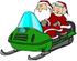 #36930 Clip Art Graphic of Santa and Mrs Claus Having Fun on a Green Snowmobile by DJArt