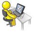 #37786 Clip Art Graphic of a Yellow Guy Character Using a Computer by Jester Arts