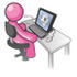 #37912 Clip Art Graphic of a Pink Guy Character Using a Computer by Jester Arts