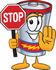 #38154 Clip Art Graphic of a Battery Mascot Character Holding a Stop Sign by toons4biz