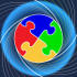 #40856 Clip Art Graphic of a Circle of Colorful Puzzle Pieces Linked on a Swirling Blue Background by Oleksiy Maksymenko