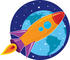 #41197 Clip Art Graphic of a Purple, Orange, Blue And Red Space Shuttle Flying Through Outer Space, With Earth In The Distance by Maria Bell