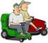 #41211 Clip Art Graphic of Two Caucasian Men Eying Each Other, Considering Racing On Their Riding Lawn Mowers. by DJArt
