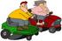 #41213 Clip Art Graphic of a Caucasian Man And Woman Racing Each Other On Riding Lawn Mowers by DJArt