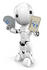 #41217 Clip Art Graphic of a 3d Silver and White Robot Holding Out a Joker Card, With Other Playing Cards in His Other Hand by Jester Arts