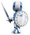 #41218 Clip Art Graphic of a 3D Blue and White Robot With a Sword and Shield by Jester Arts