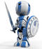 #41221 Clip Art Graphic of a 3D Blue And White Robot Looking Up And Away While Standing With With A Sword And Shield by Jester Arts