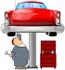 #41259 Clip Art Graphic of a Caucasian Male Auto Mechanic Under A Red Classic Car Up On A Lift In A Garage by DJArt