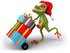 #42823 Royalty-Free (RF) Clipart Illustration of a 3d Red Eyed Tree Frog Pushing Christmas Gifts On A Hand Truck - Version 1 by Julos