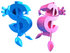 #43588 Royalty-Free (RF) Illustration of Two 3d Pink And Blue Dollar Symbols Jumping by Julos