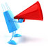 #44400 Royalty-Free (RF) Illustration of a 3d Blue Shopping Bag Mascot Using A Megaphone by Julos