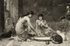 #44765 Royalty-Free Stock Illustration of a Sepia Toned Scene Of Two Young Women Feeding Kittens And Cats Around A Large Saucer by JVPD