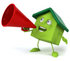 #46903 Royalty-Free (RF) Illustration Of A 3d Green Clay House Mascot Using A Megaphone - Version 3 by Julos