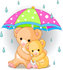 #56205 Clip Art Of A Baby Teddy Bear Cuddling With Its Mother Under An Umbrella On A Rainy Day by pushkin