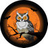 #56274 Royalty-Free (RF) Clip Art Halloween Owl Perched On A Bare Branch In Front Of An Orange Full Moon With Bats by pushkin