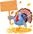 #56343 Royalty-Free (RF) Clip Art Illustration Of A Thanksgiving Turkey Holding A Blank Wooden Sign In Autumn Leaves by pushkin