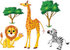 #56377 Royalty-Free (RF) Clip Art Illustration Of A Digital Collage Of African Trees And Animals; Friendly Lion, Tall Giraffe And Rearing Zebra by pushkin
