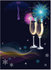 #56413 Royalty-Free (RF) Clip Art Illustration Of Two Champagne Glasses Under Fireworks On A Dark Background With Waves, Snowflakes And A New Year Clock by pushkin