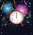 #56472 Royalty-Free (RF) Clip Art Illustration Of A New Year Clock At Midnight, Surrounded By Colorful Fireworks And Confetti Over Navy Blue by pushkin