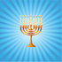 #56477 Royalty-Free (RF) Clip Art Illustration Of A Gold Hanukkah Hanukkiya Menorah On A Blue Shining Background by pushkin