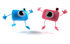 #60969 Royalty-Free (RF) Illustration Of Two 3d Pink And Blue Camera Boy And Girl Mascots Jumping - Version 1 by Julos