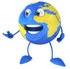 #61153 Royalty-Free (RF) Illustration Of A 3d Blue And Yellow Globe Character Talking And Gesturing by Julos