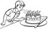 #61798 Clipart Of A Retro Boy Blowing Out Birthday Cake Candles In Black And White - Royalty Free Vector Illustration by JVPD