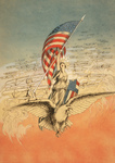 Columbia on an Eagle, Holding Flag, Followed by Airplanes