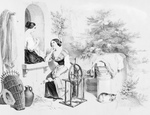 Women Stitching and Using a Spinning Wheel