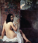Photo of a Beautiful Nude Young Female Bather Draped in a Cloth, Looking Back Over Her Shoulder