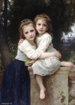 Photo of Two Sisters Hugging on a Stone Wall, by William-Adolphe Bouguereau