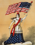 Photo of a Woman, Portrayed as Lady Liberty, Holding a Sword and American Flag