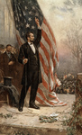 Historical Stock Photography: Abraham Lincoln Holding the Rope to an American Flag