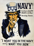 Stock Photography of a Vintage War Poster of Uncle Sam in Blue, Pointing Outwards, I Want You in the Navy and I Want You Now
