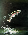 Clipart Image Illustration of a Rainbow Trout Fish Jumping Out of the Water After Biting a Fishing Hook
