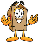 Clip Art Graphic of a Cardboard Shipping Box Cartoon Character With Welcoming Open Arms