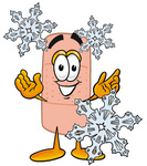 Clip art Graphic of a Bandaid Bandage Cartoon Character With Three Snowflakes in Winter