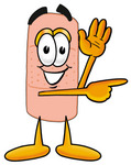 Clip art Graphic of a Bandaid Bandage Cartoon Character Waving and Pointing