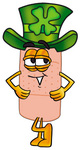 Clip art Graphic of a Bandaid Bandage Cartoon Character Wearing a Saint Patricks Day Hat With a Clover on it