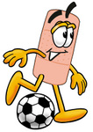 Clip art Graphic of a Bandaid Bandage Cartoon Character Kicking a Soccer Ball