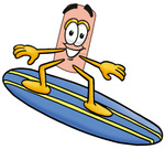 Clip art Graphic of a Bandaid Bandage Cartoon Character Surfing on a Blue and Yellow Surfboard