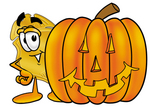 Clip art Graphic of a Gold Law Enforcement Police Badge Cartoon Character With a Carved Halloween Pumpkin