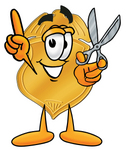 Clip art Graphic of a Gold Law Enforcement Police Badge Cartoon Character Holding a Pair of Scissors