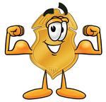 Clip art Graphic of a Gold Law Enforcement Police Badge Cartoon Character Flexing His Arm Muscles