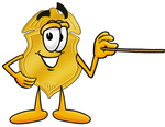 Clip art Graphic of a Gold Law Enforcement Police Badge Cartoon Character Holding a Pointer Stick