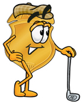 Clip art Graphic of a Gold Law Enforcement Police Badge Cartoon Character Leaning on a Golf Club While Golfing